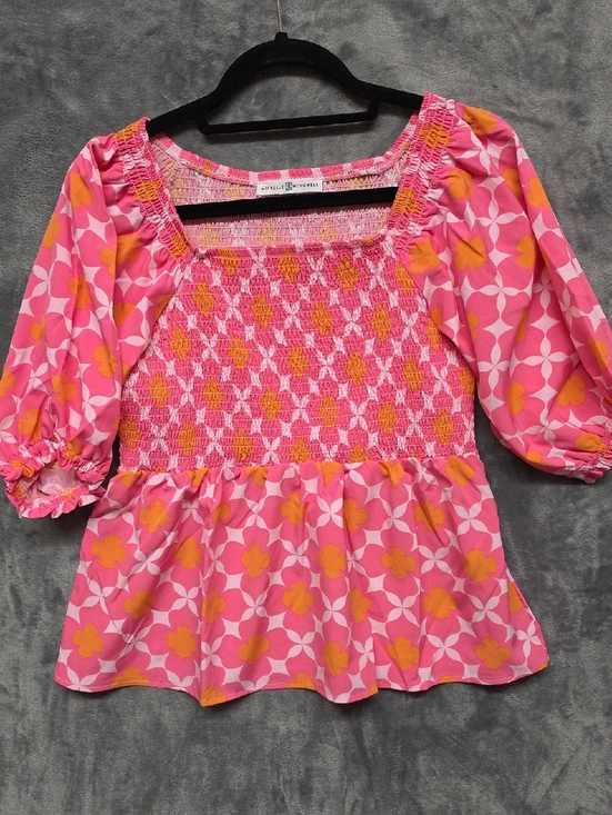 Michelle Mcdowell Tops - White House Black Market Pink & Orange Floral Smocked Peplum Blouse
